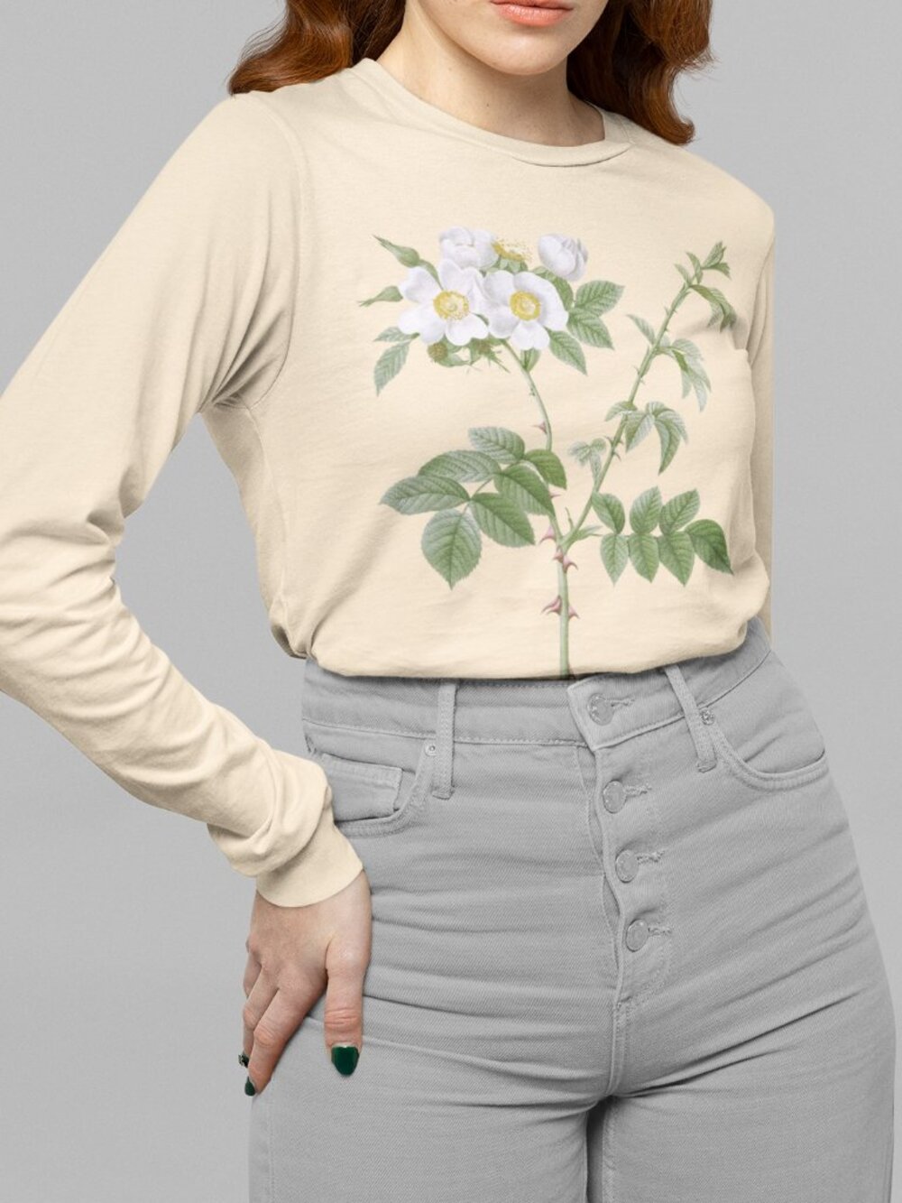 White Flowered Rose Vintage Floral Print Long Sleeve Graphic Tee T-shirt S-XXL